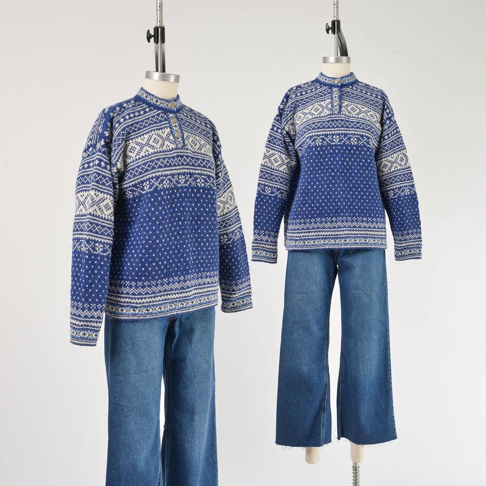 Vintage LL Bean Norwegian Sweater Blue Ivory Wool Nordic Fair Isle Ski Small